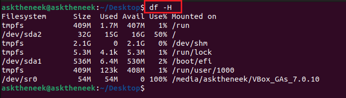 Executing df -H command